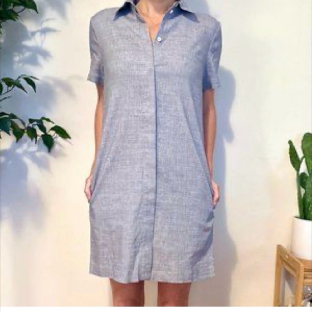 Theory Button-Down Eco Sharkskin Linen Blend short sleeve Dress S Grayish blue